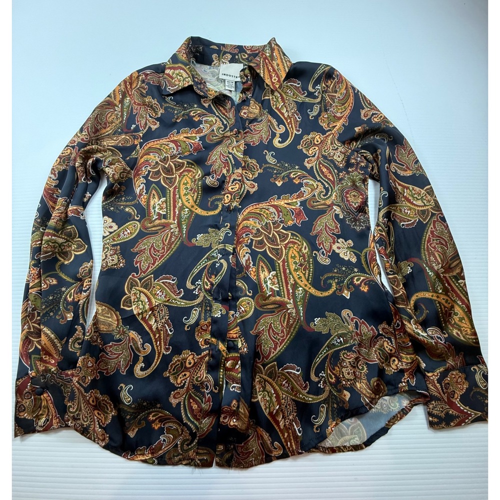 Industry Womens XS Paisley Button Down Blouse Navy Blue Long Sleeve Collared Top